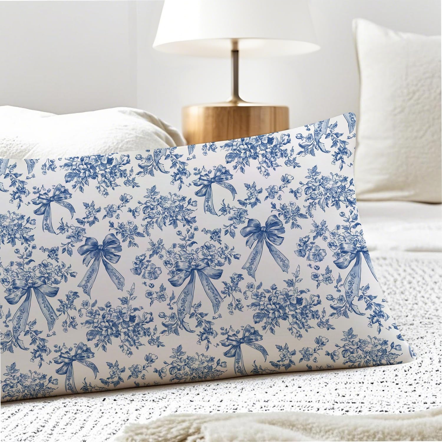 Blue and White Chinoiserie Bow Floral 20x54 Body Pillow Cover, Coquette Room Decor Decor, Vintage French Country Grandmillennial…