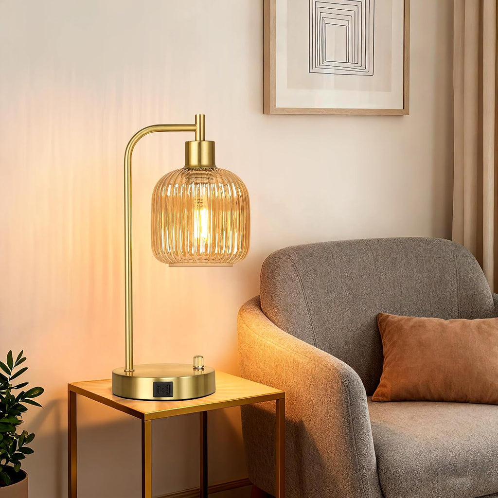 QiMH Industrial Table Lamp for Bedroom Set of 2, Champagne Glass Beside Lamp with USB A&C Ports, Stepless Dimmable Gold Lamps, Nightstand…