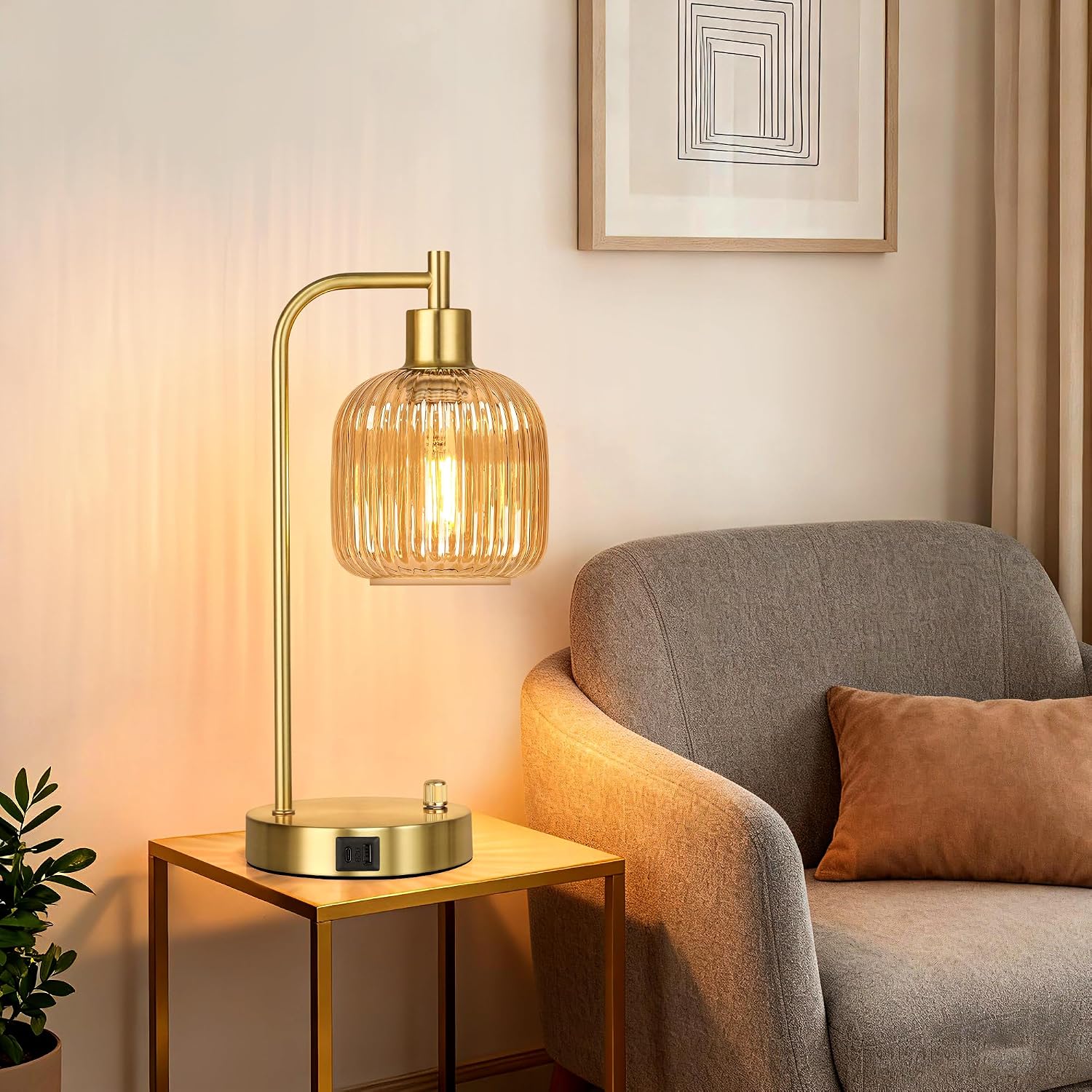 QiMH Industrial Table Lamp for Bedroom Set of 2, Champagne Glass Beside Lamp with USB A&C Ports, Stepless Dimmable Gold Lamps, Nightstand…