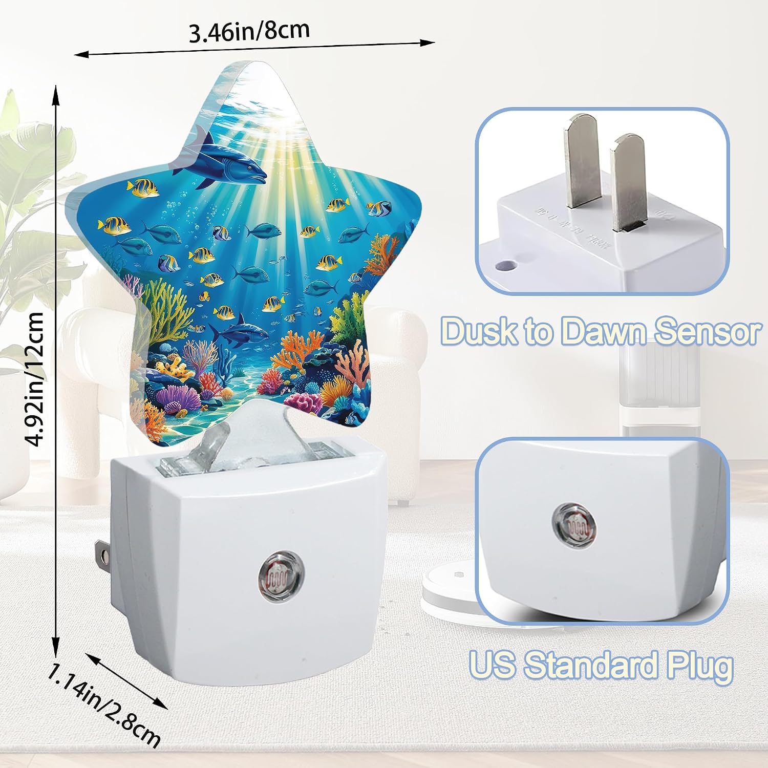 Snowmolle Underwater World Night Light, Sea Ocean Fish Plug-in Star Night Lights with Dusk-to-Dawn Sensor for Bedroom, Bathroom, Living Room S…