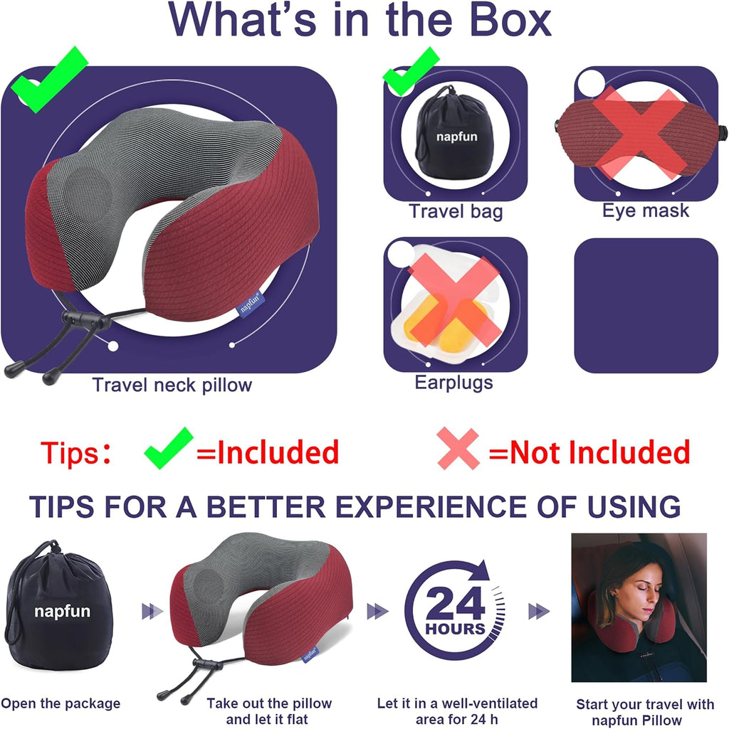 napfun Neck Pillow for Traveling, Upgraded Travel Neck Pillow for Airplane 100% Pure Memory Foam Travel Pillow for Flight Headrest Sleep…