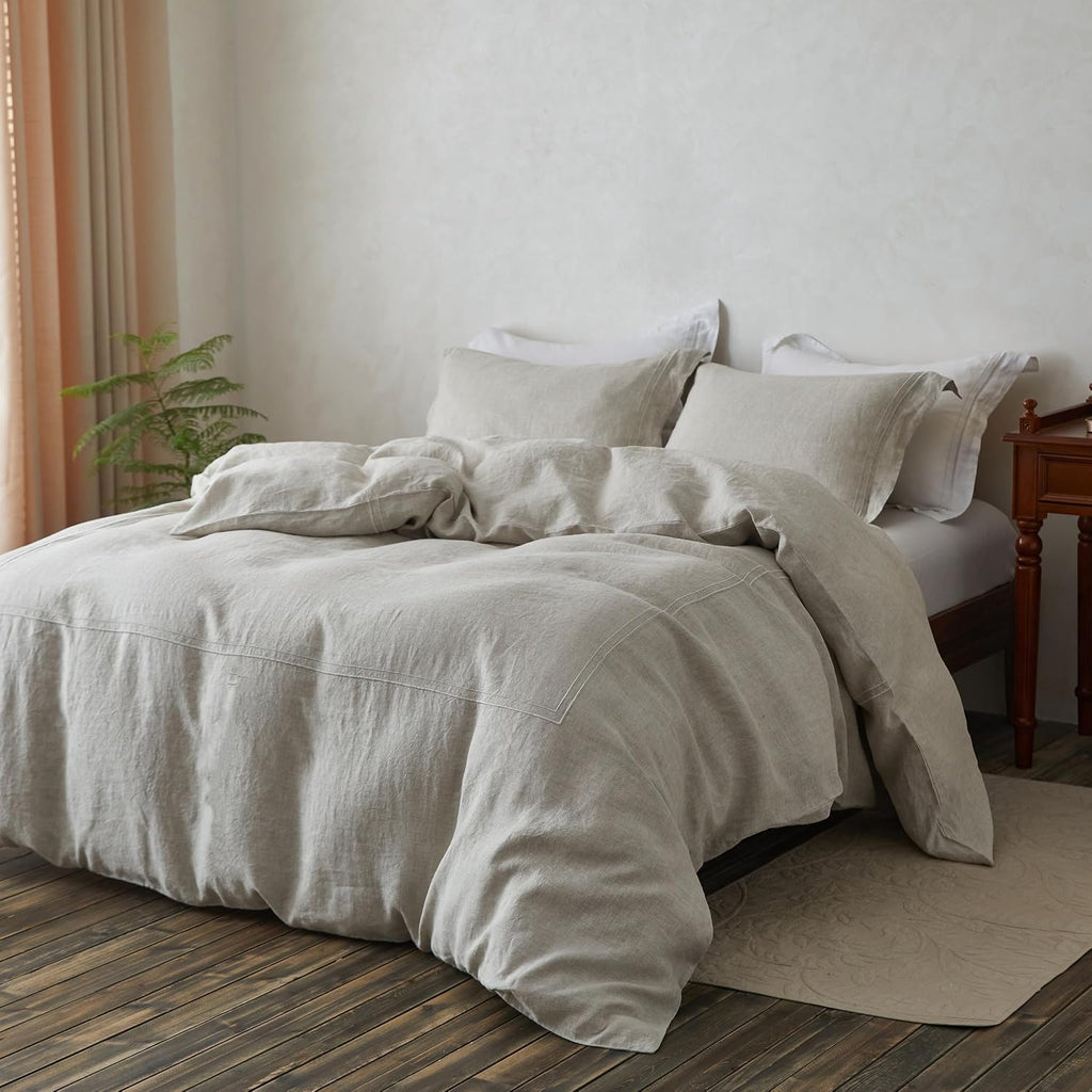 Simple&Opulence 100% Washed Linen Duvet Cover Set 104"x92" - 3 Pieces Soft Farmhouse Comforter Set Double Embroidered with Button Closure…