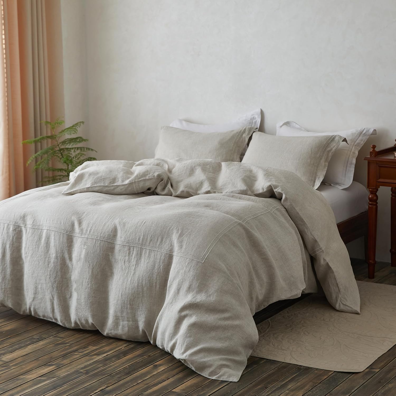 Simple&Opulence 100% Washed Linen Duvet Cover Set 104"x92" - 3 Pieces Soft Farmhouse Comforter Set Double Embroidered with Button Closure…