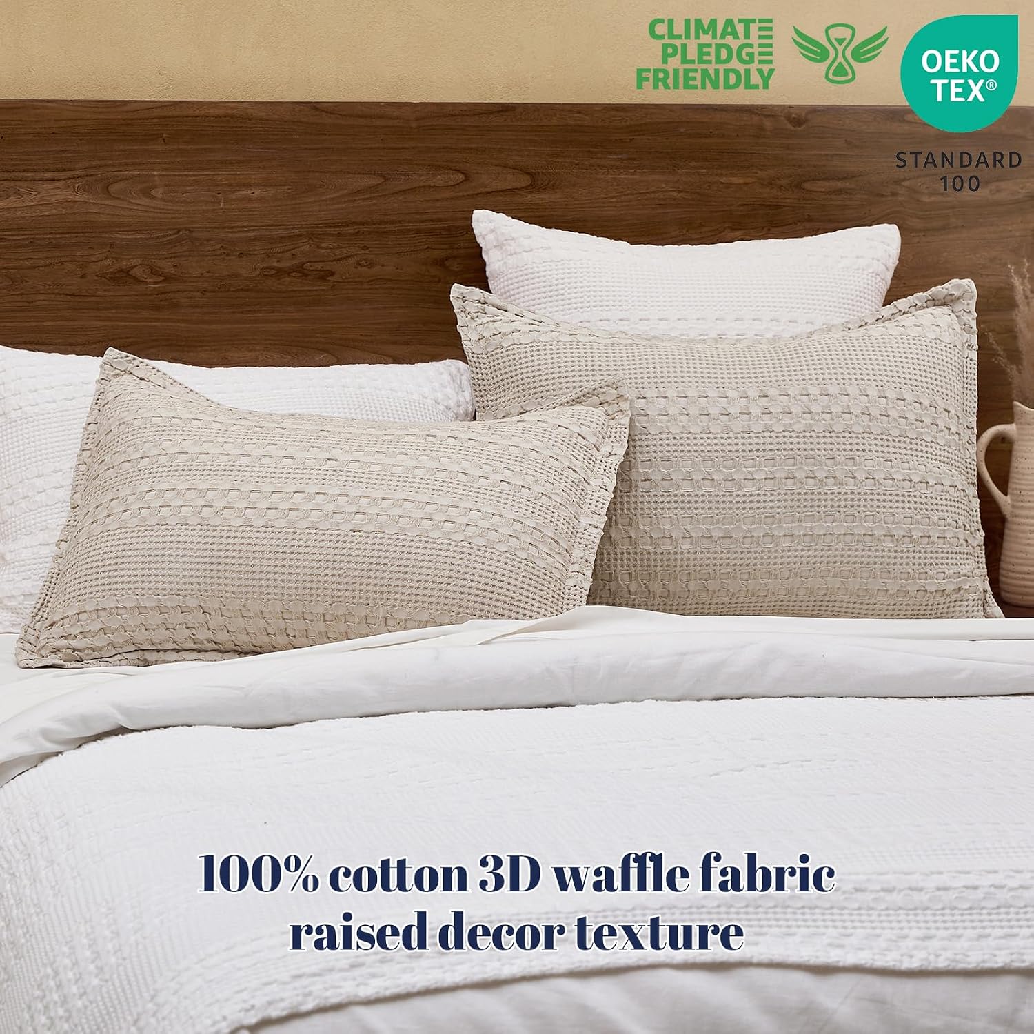 Phf 100% Cotton Ruffle Waffle Pillow Shams King Size, 2 Pack 20" x 36" Soft Skin-Friendly Pillowcases, No Filling, Aesthetic Home Decor, Br…