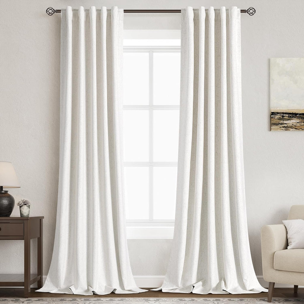 Nanspring Cream 100% Blackout Linen Curtains 96 Inches Long for Bedroom Back Tab Thermal Insulated Modern Farmhouse Decor Black Out Curtain…