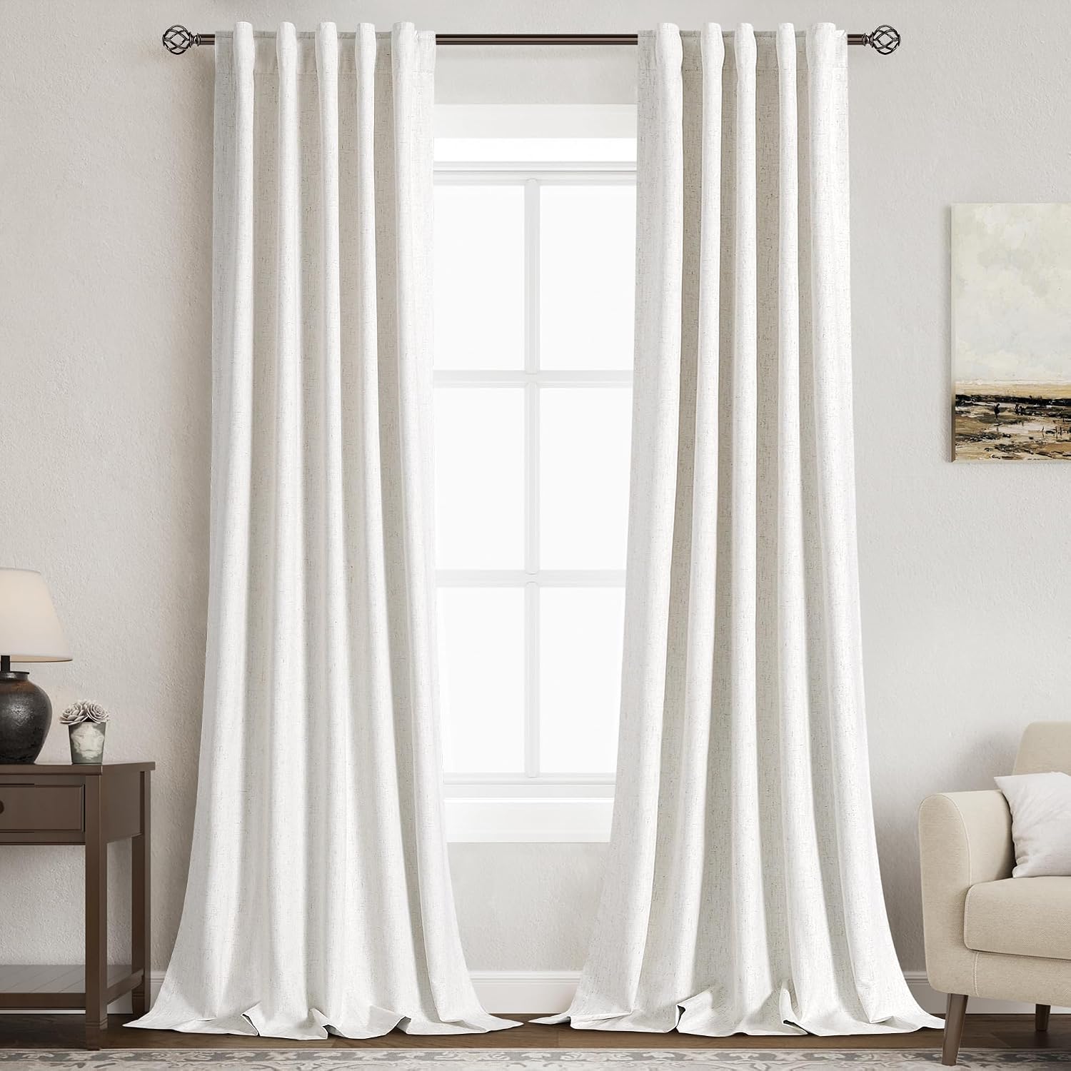 Nanspring Cream 100% Blackout Linen Curtains 96 Inches Long for Bedroom Back Tab Thermal Insulated Modern Farmhouse Decor Black Out Curtain…