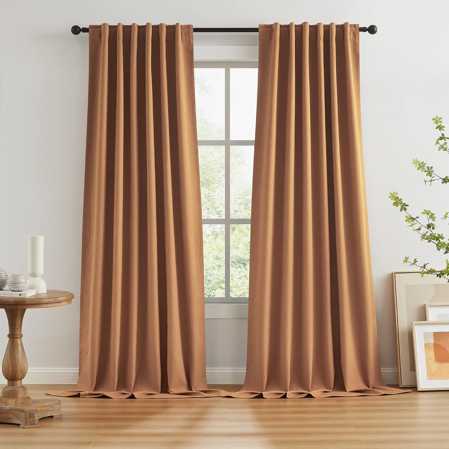 Keqiaosuocai Extra Long Burnt Orange Blackout Linen Curtains 2 Panels Set 120 Inch Length for Living Room and Bedroom - Hook Belt Back Tab…