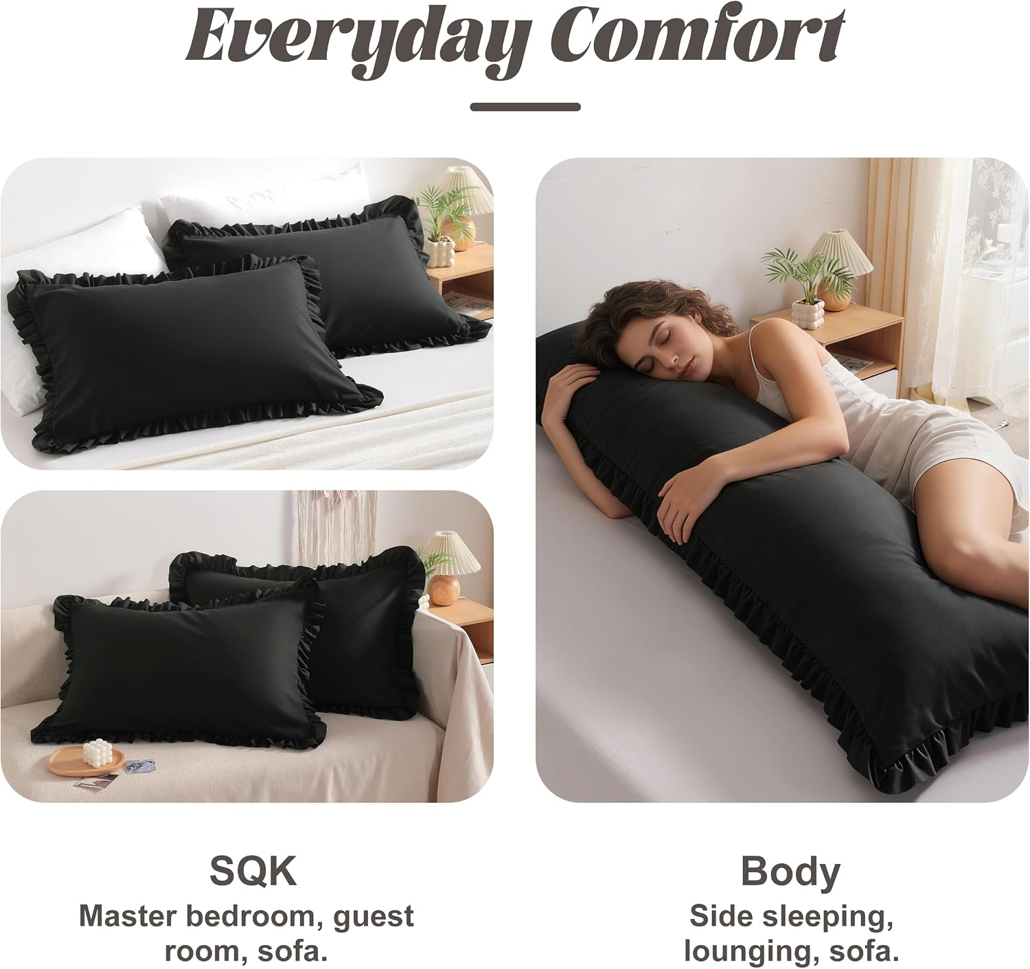 Bedsum Ruffled Pillow Shams Standard 20x26 Set of 2, Brushed Microfiber Pillowcases with Envelope Closure, Soft Wrinkle-Resistant, Black Bl…