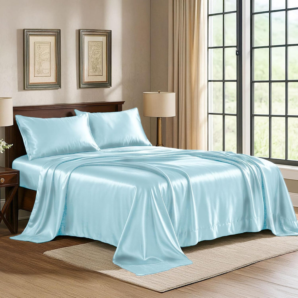 PureBedding Satin Sheets Queen [4-Piece, Skyblue] Hotel Luxury Silky Bed Sheets - Extra Soft 1800 Microfiber Sheet Set, Wrinkle, Fade, Stai…