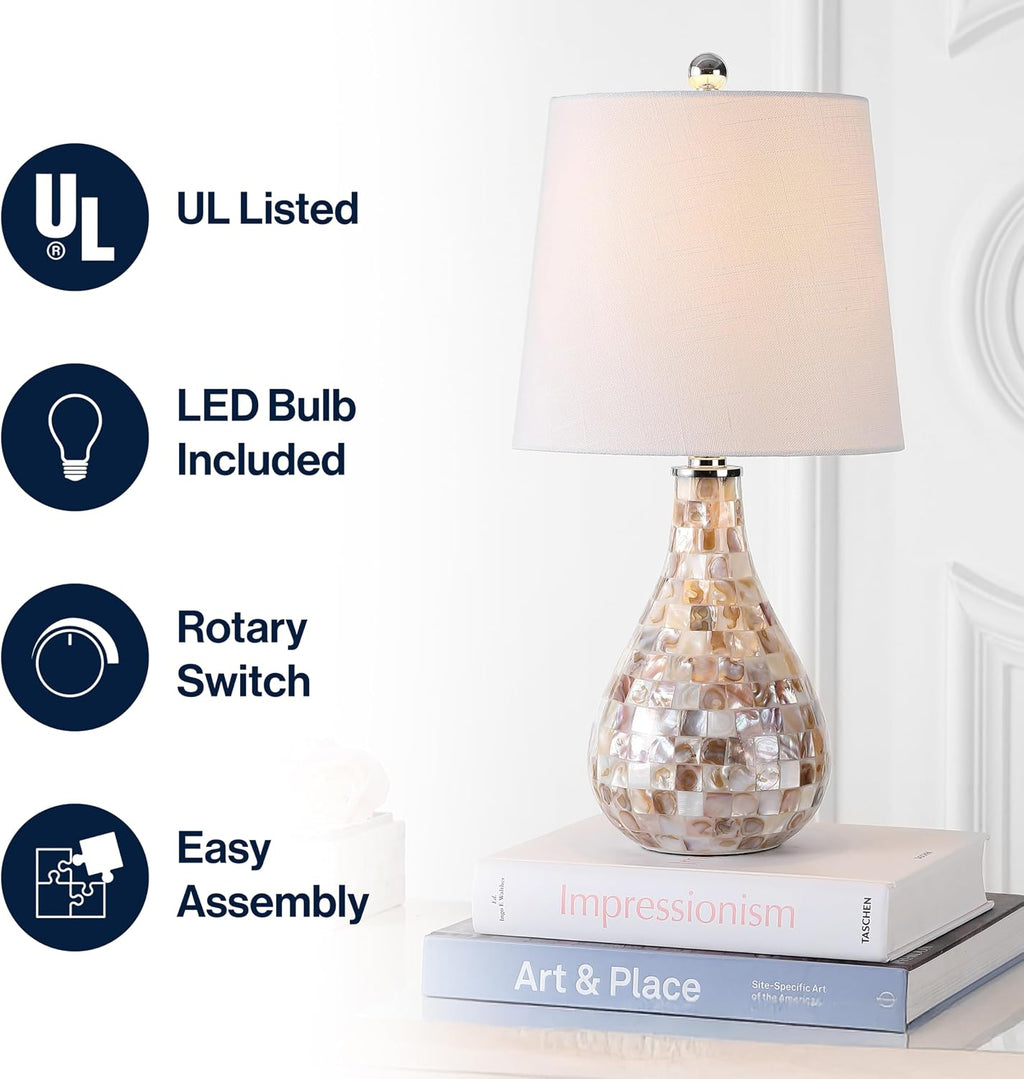 JONATHAN Y 20.5" Seashell Coastal Mini LED Table Lamp for Living Room Office, White Linen Drum Shade, Modern Mother of Pearl Bedside…