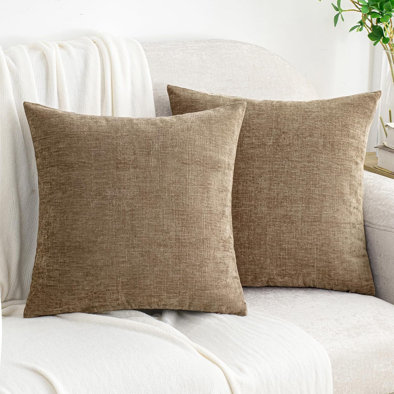 Hwy50 HWY 50 Taupe Couch Pillow Covers 16x16 Inch Pack of 2, Soft Chenille Decorative Throw Pillow Cases Farmhouse for Sofa Living Room Bed…