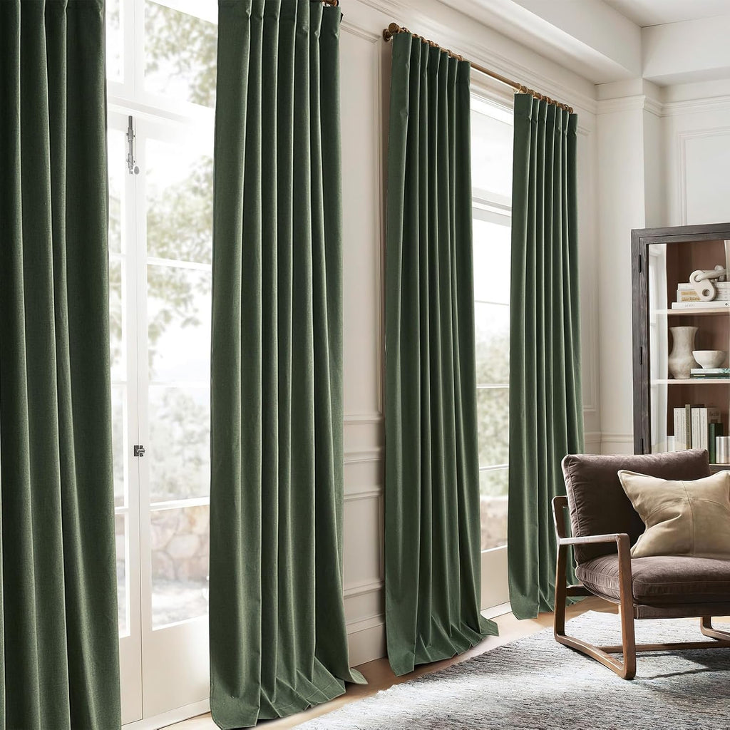 Qjmydeco Black Out Curtains for Bedroom Aesthetic 104 Inch Windows, 105 Inches Length Linen Room Darkening Olive Green Canvas Look Classroo…