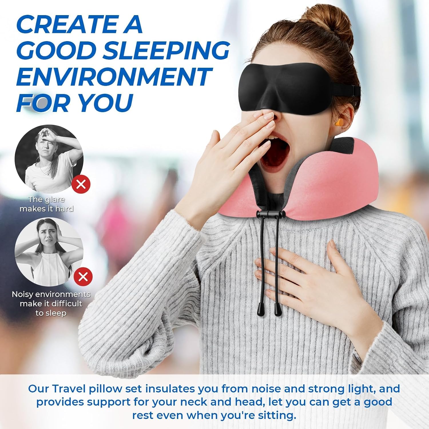 ExploreBliss Travel Pillow, Travel Pillows for Sleeping Airplane, Neck Pillow Airplane, Memory Foam Neck Pillow Set with Eye Mask, Earplugs…