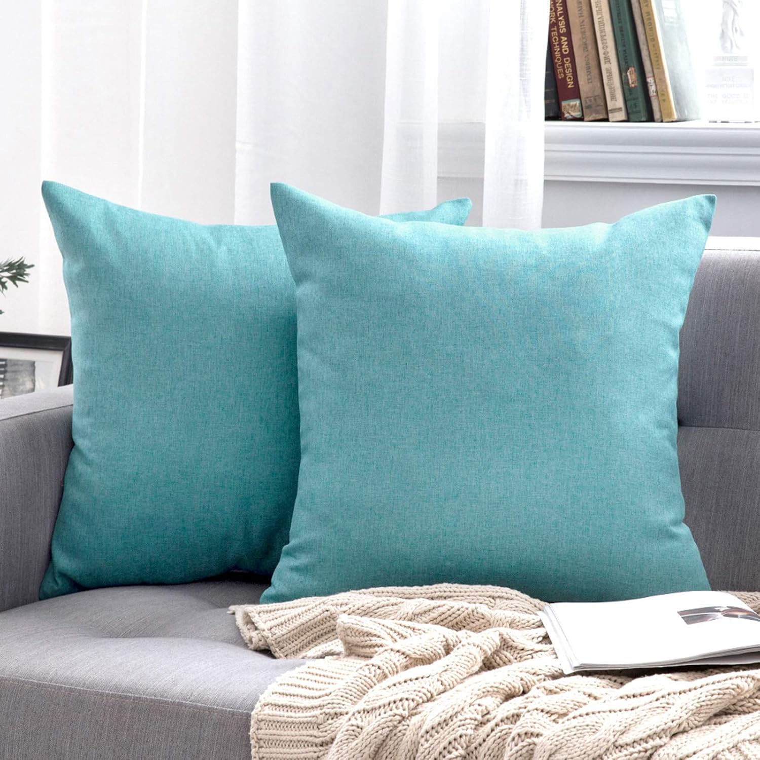 Miulee Pack of 2 Decorative Outdoor Solid Waterproof Throw Pillow Covers Euro Sham Faux Linen Garden Farmhouse Coastal Cushion Cases for Su…