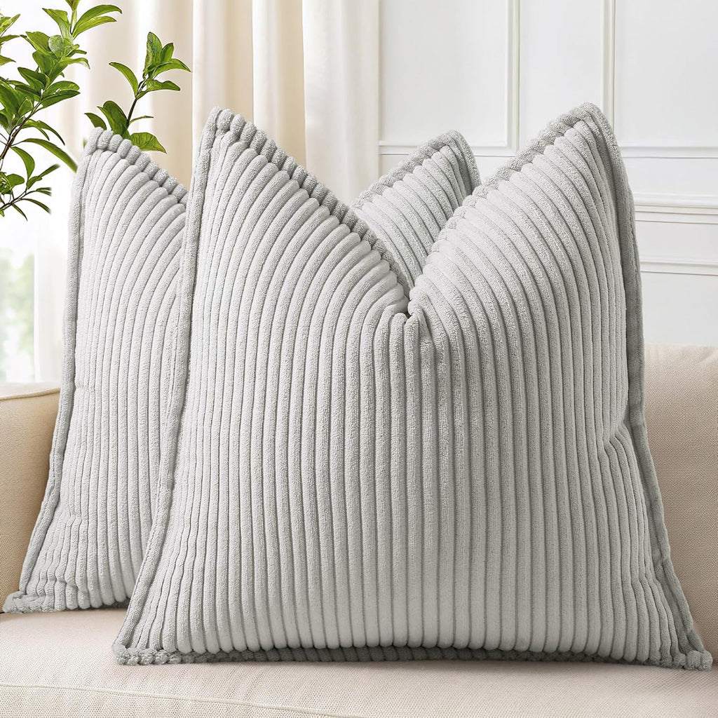 decorUhome Summer Corduroy Grey Throw Pillow Covers 18x18 Set of 2 Decorative Soft Boho Farmhouse Couch Pillow Covers for Living Room Bed S…