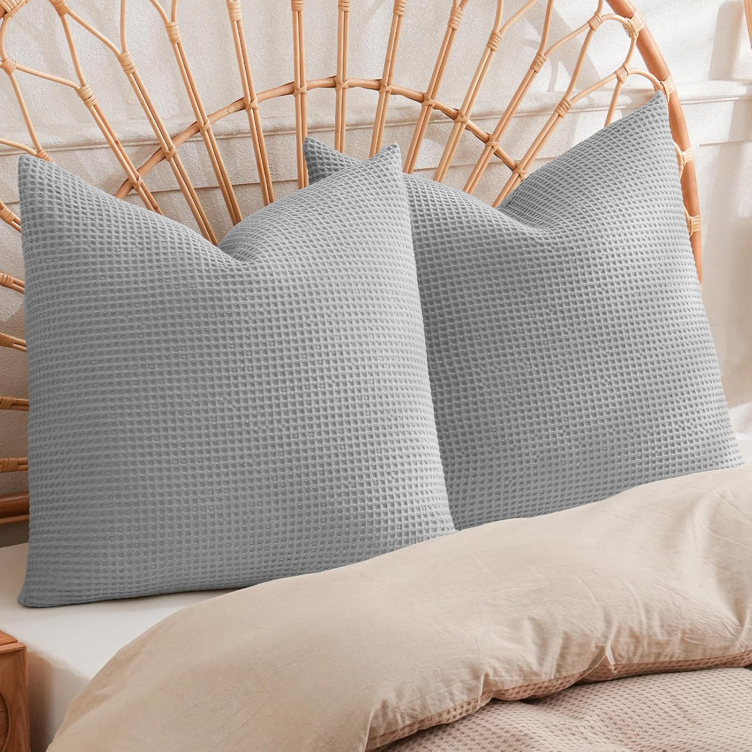 Phf 100% Cotton Waffle Weave Euro Shams 26" x 26", No Filling, 2 Pack Elegant Home Decorative Euro Throw Pillow Covers for Bed Couch Sofa,…