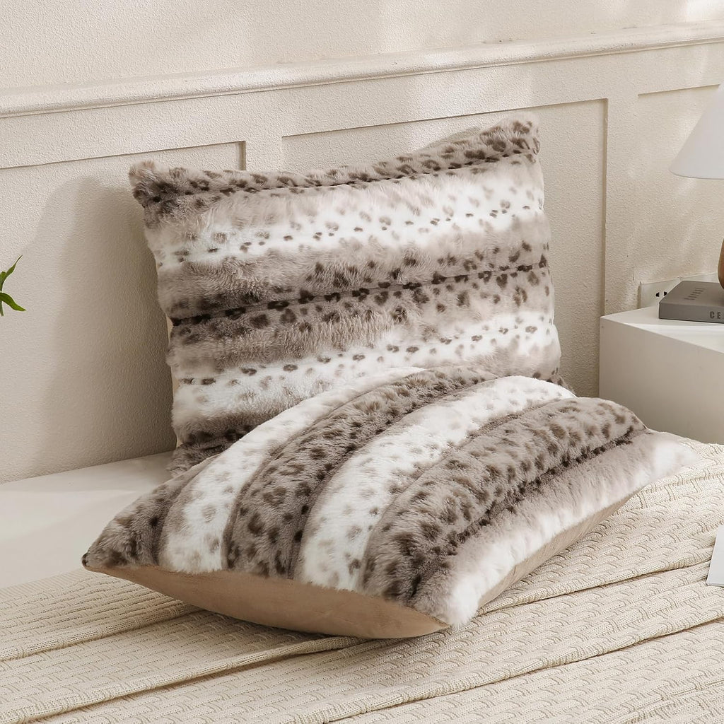 Chumerry Fuzzy Faux Fur Pillow Case Plush Shaggy Pillow Cover Plaid Check Texture Extra Soft Fluffy Faux Rabbit Fur Fabric Brown Decorative…