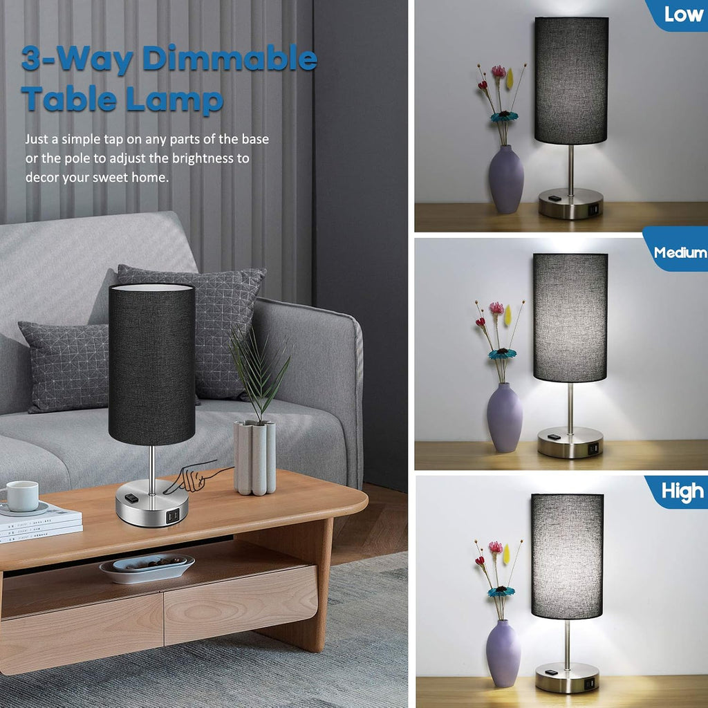 Brightever Black Touch Control Table Lamp Set of 2, with 2 USB Charging Ports&AC Outlet, 3-Way Dimmable Bedside Nightstand Lamps with Fabri…