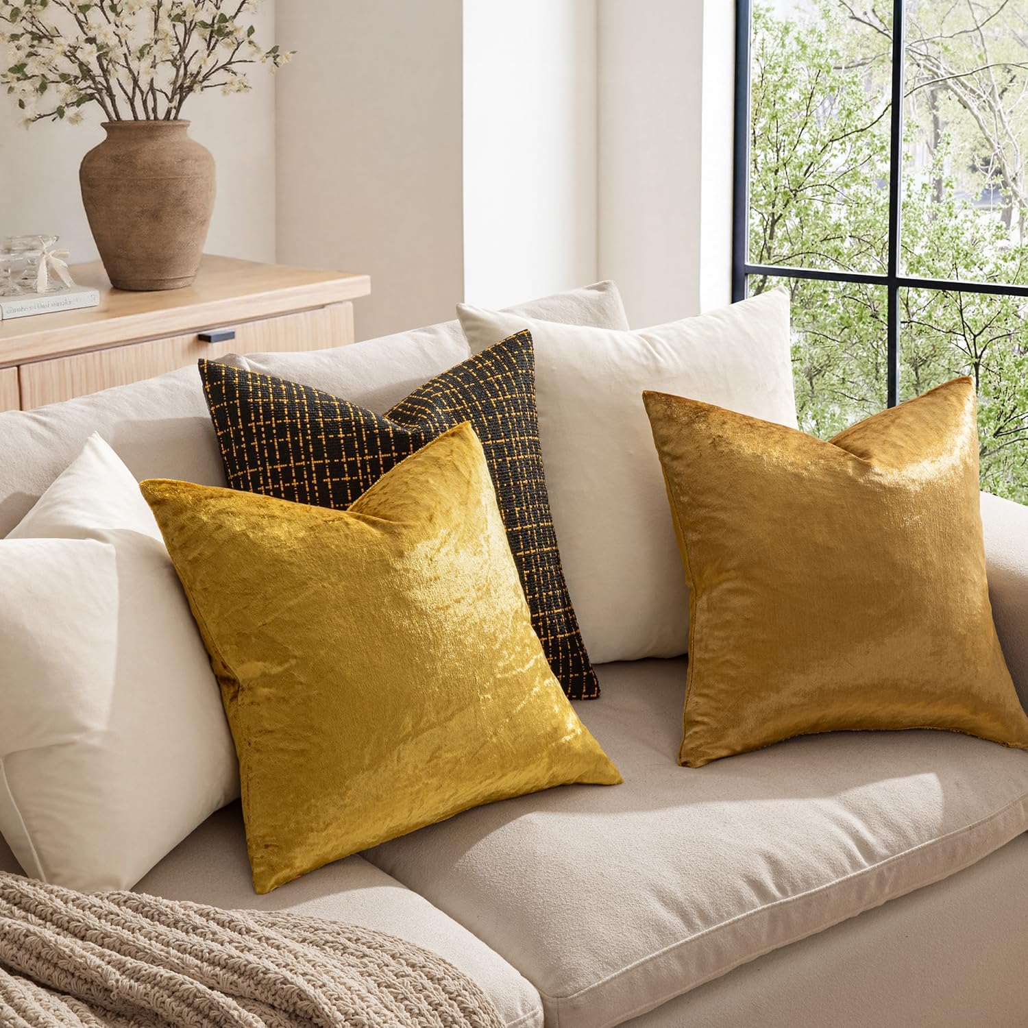 Miulee Velvet Throw Pillow Covers 14x14 Inch, Pack of 2 - Dark Gold, Soft Solid Small Decorative Pillow Covers Modern Luxury Home Decor for…