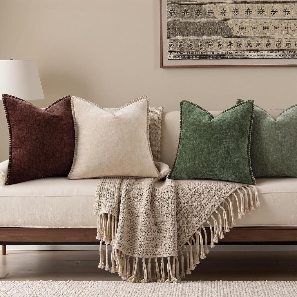 decorUhome Chenille Soft Cozy Throw Pillow Covers 16x16 Set of 2, Modern Farmhouse Boho Velvet Decorative Pillow Cases with Stitched Edge f…