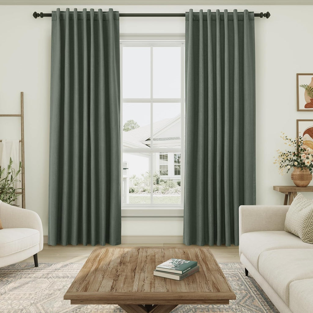 Nanspring Olive Green 100% Blackout Linen Curtains 96 Inches Long for Bedroom Back Tab Thermal Insulated Modern Farmhouse Decor Curtain for…