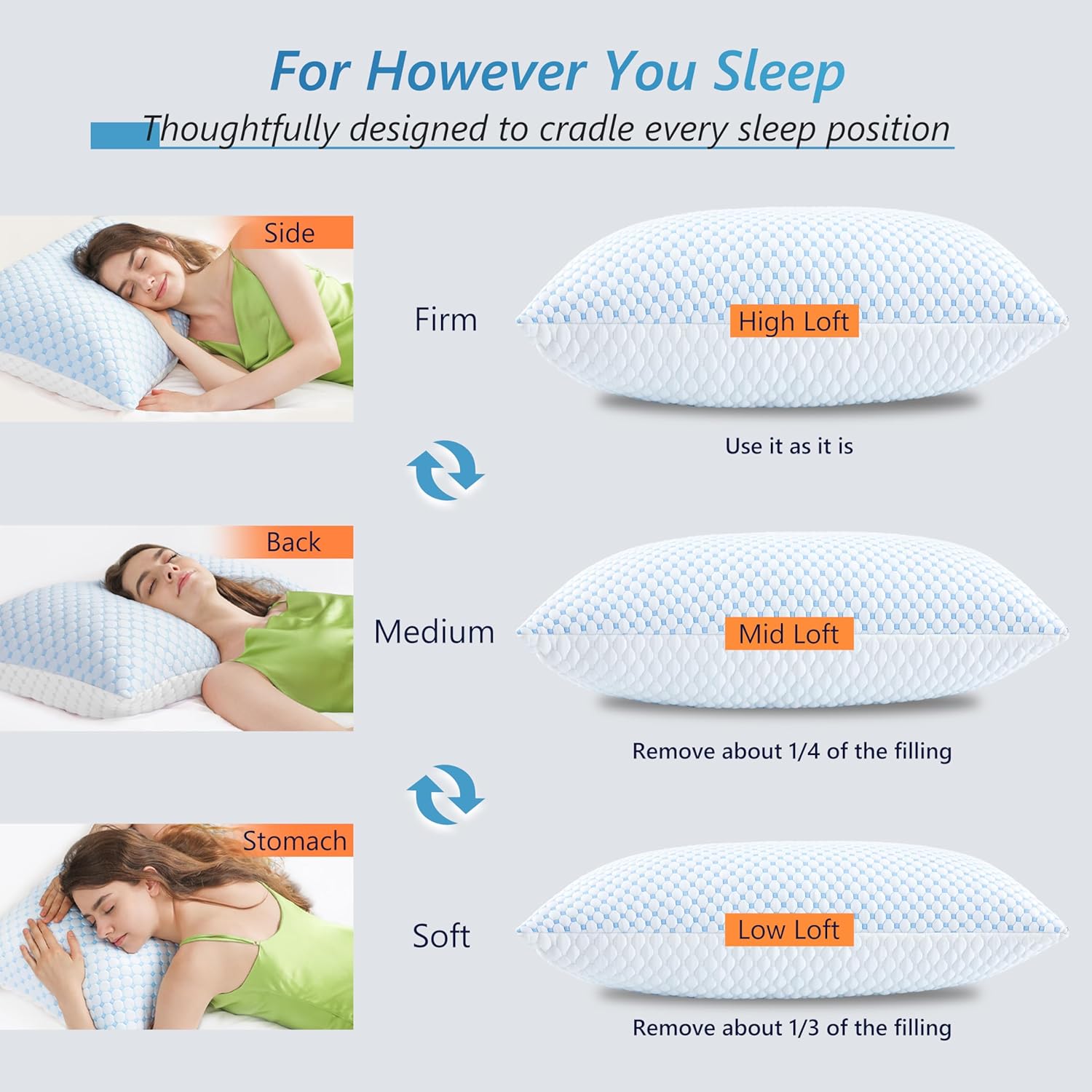 UYWO Cooling Firm Bed Pillows Set of 2, Shredded Memory Foam Pillows for Sleeping Luxury Gel Pillows for Side Back Stomach Sleepers with…