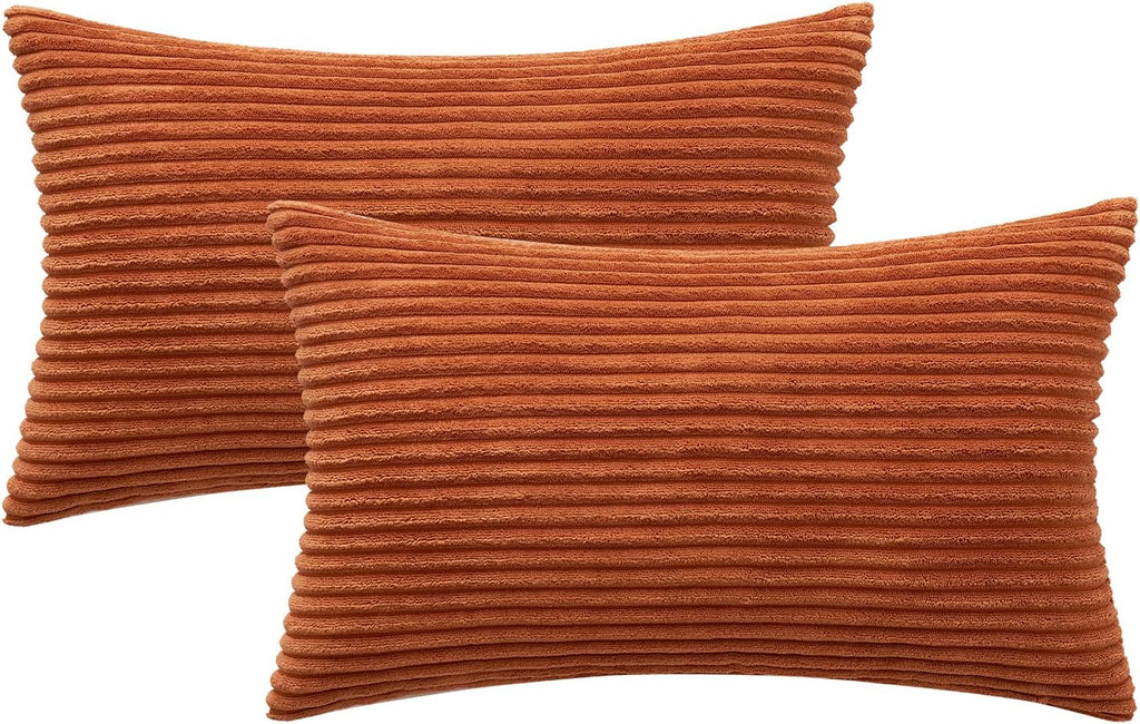 MIULEE Pack of 2 Rust Pillow Covers 12x20 Inch Soft Boho Striped Corduroy Throw Pillow Covers Set Decorative Square Cushion Cases…
