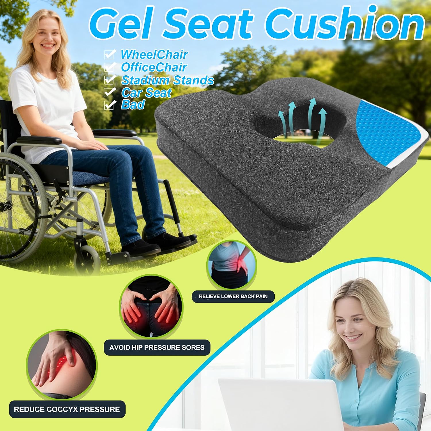 FoKon Gel & Memory Foam Wheelchair Seat Cushion, Donut Pillow for tailbone, Bed Sore Cushions for Butt, Pressure Relief, Sciatica, Coccyx, hemor…