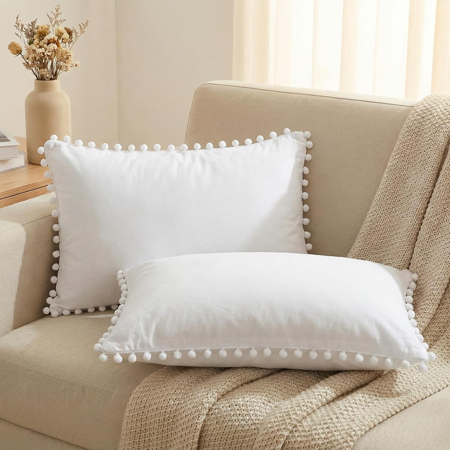 Moveover White Pillowcases, Standard Pom Poms Pillow Case Set of 2, 100% Washed Microfiber, Soft Solid White Pillow Shams, 2 Pack 2 Pack Wh…