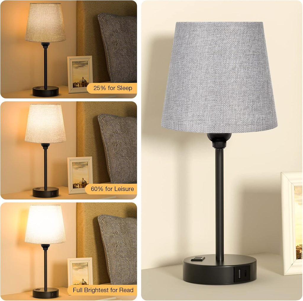 Grey Bedside Lamps for bedrooms Set of 2 - Nightstand Bedroom Lamp with USB C Port and AC Outlet Charging, 3 Way Dimmable Touch Control…