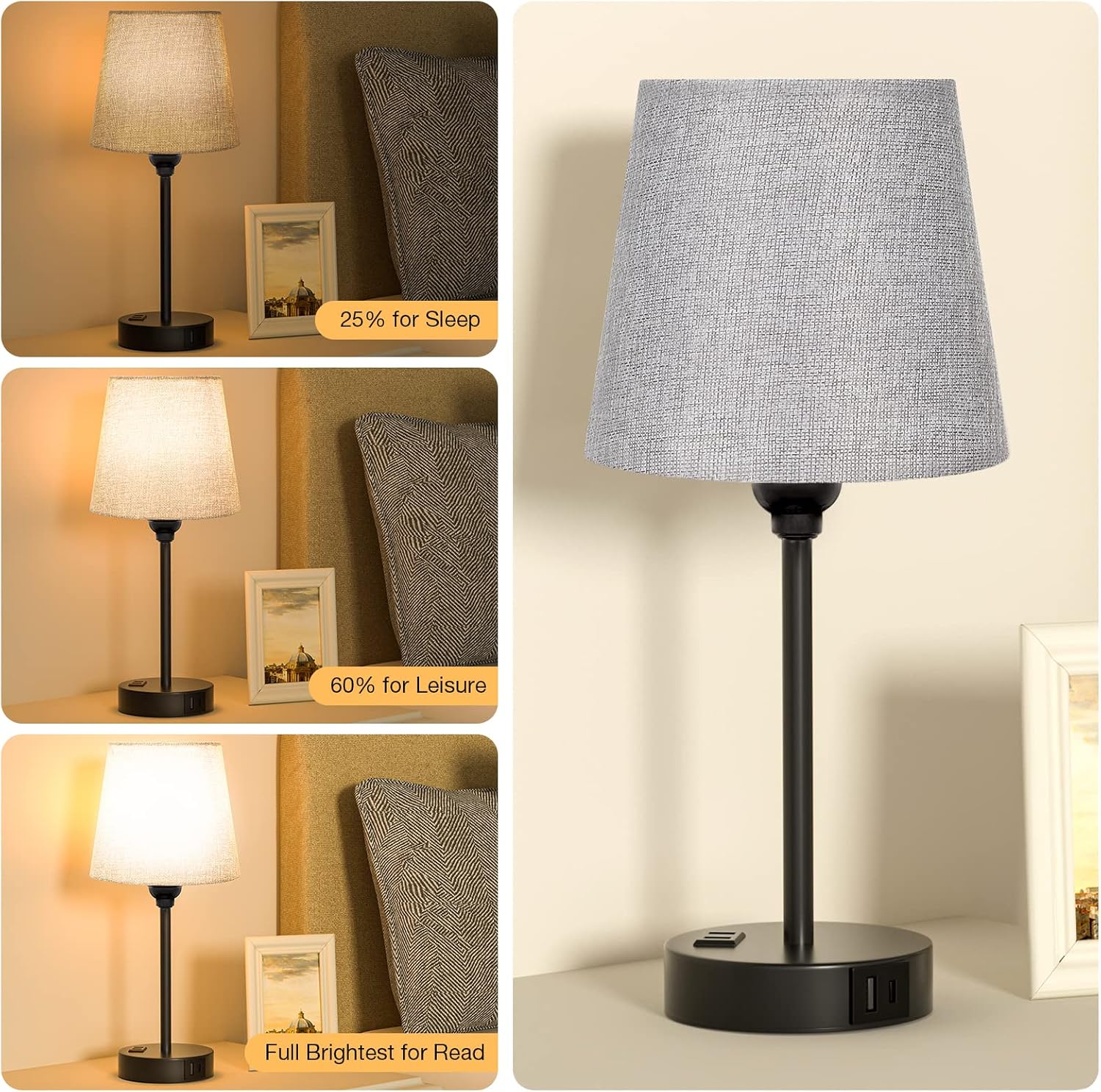 Grey Bedside Lamps for bedrooms Set of 2 - Nightstand Bedroom Lamp with USB C Port and AC Outlet Charging, 3 Way Dimmable Touch Control…