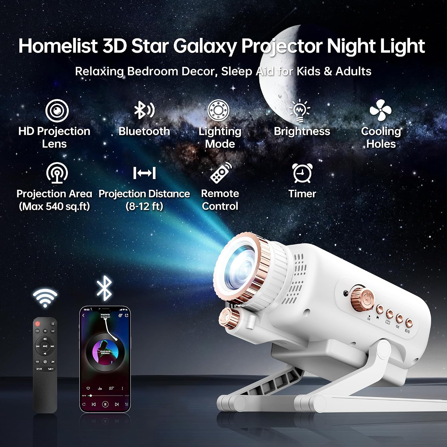 Homelist 3D Galaxy Projector Light for Kids & Adults with White Noise & Bluetooth Speaker, 60 Scenes Star Projector Night Light f…