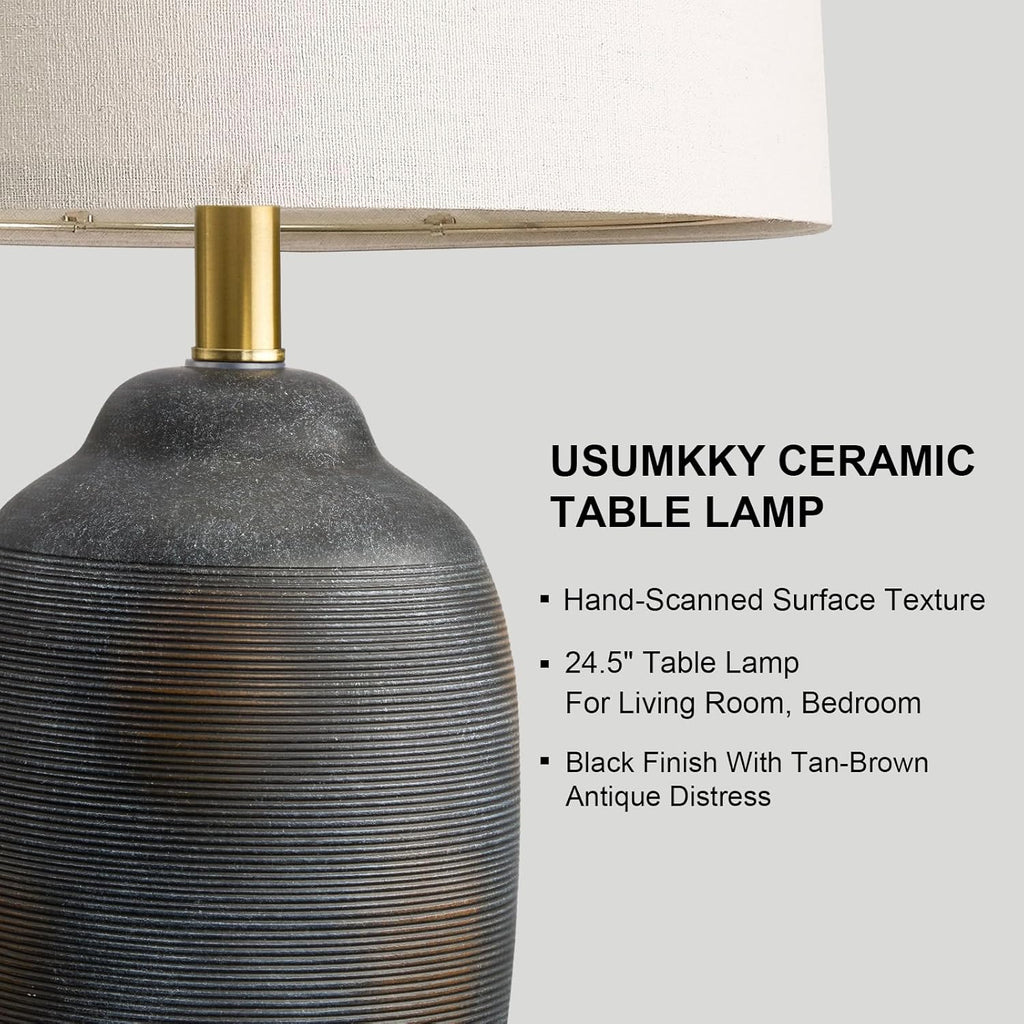 USumkky 24.5" Vintage Ceramic Table Lamp with 5FT Cord- Single Farmhouse Rustic Bedside Lamp with Natural Textured Finish, Nightstand…