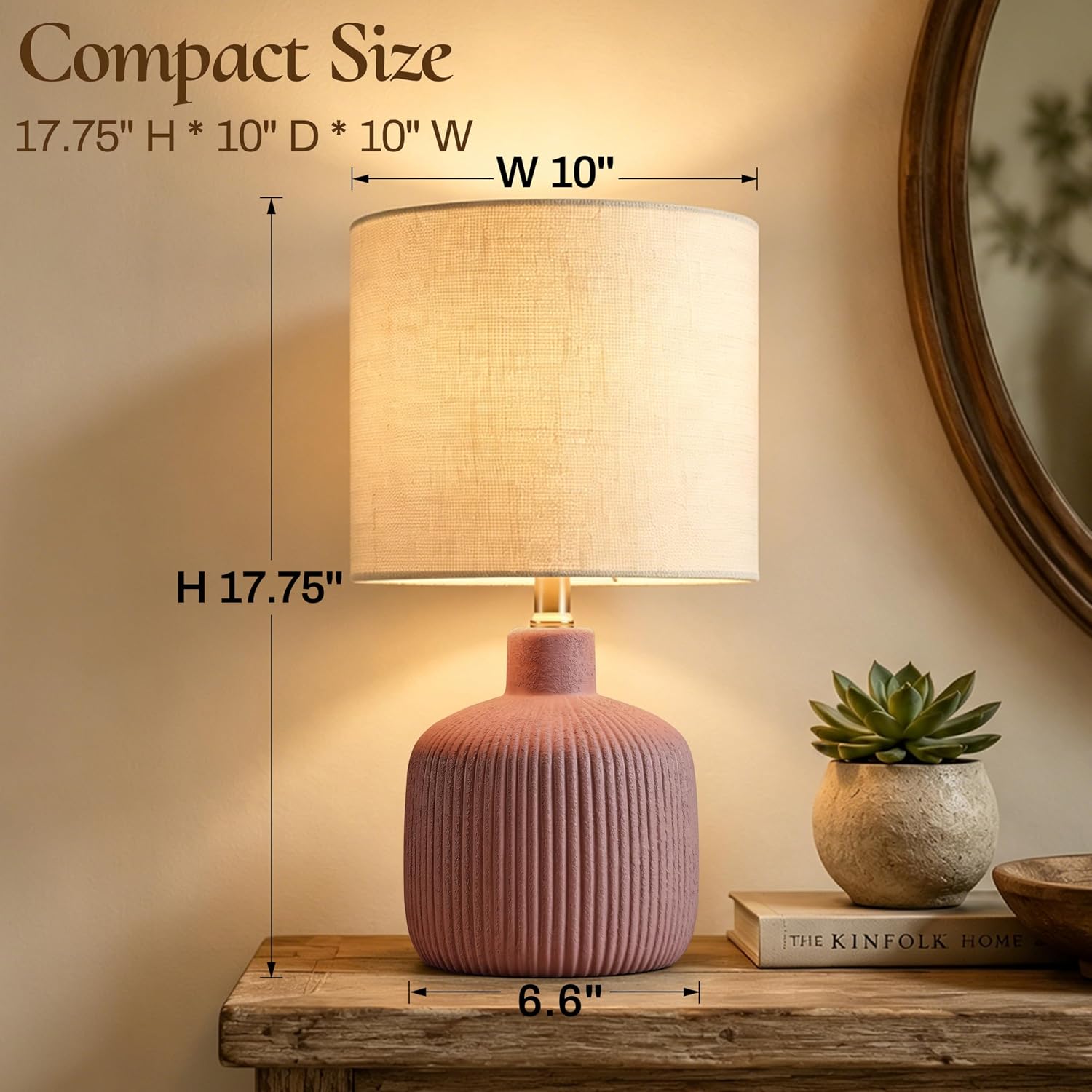 Ceramic Table Lamp, 17.75" Rustic Farmhouse Bedside Lamp with Beige Linen Shade, Warm Ambient Nightstand Lighting for Bedroom or Living…