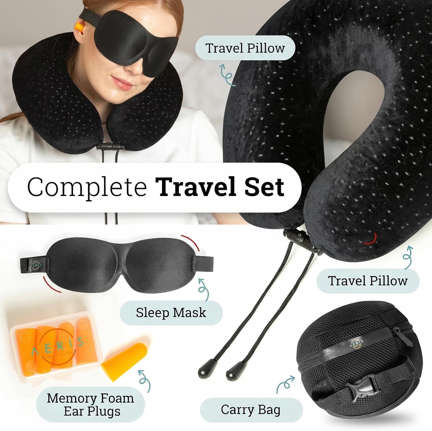 Aeris Memory Foam Travel Pillow for Airplanes - Adjustable Neck Pillow for Long Flights - Carry Bag, Ear Plugs and Eye Mask Included…