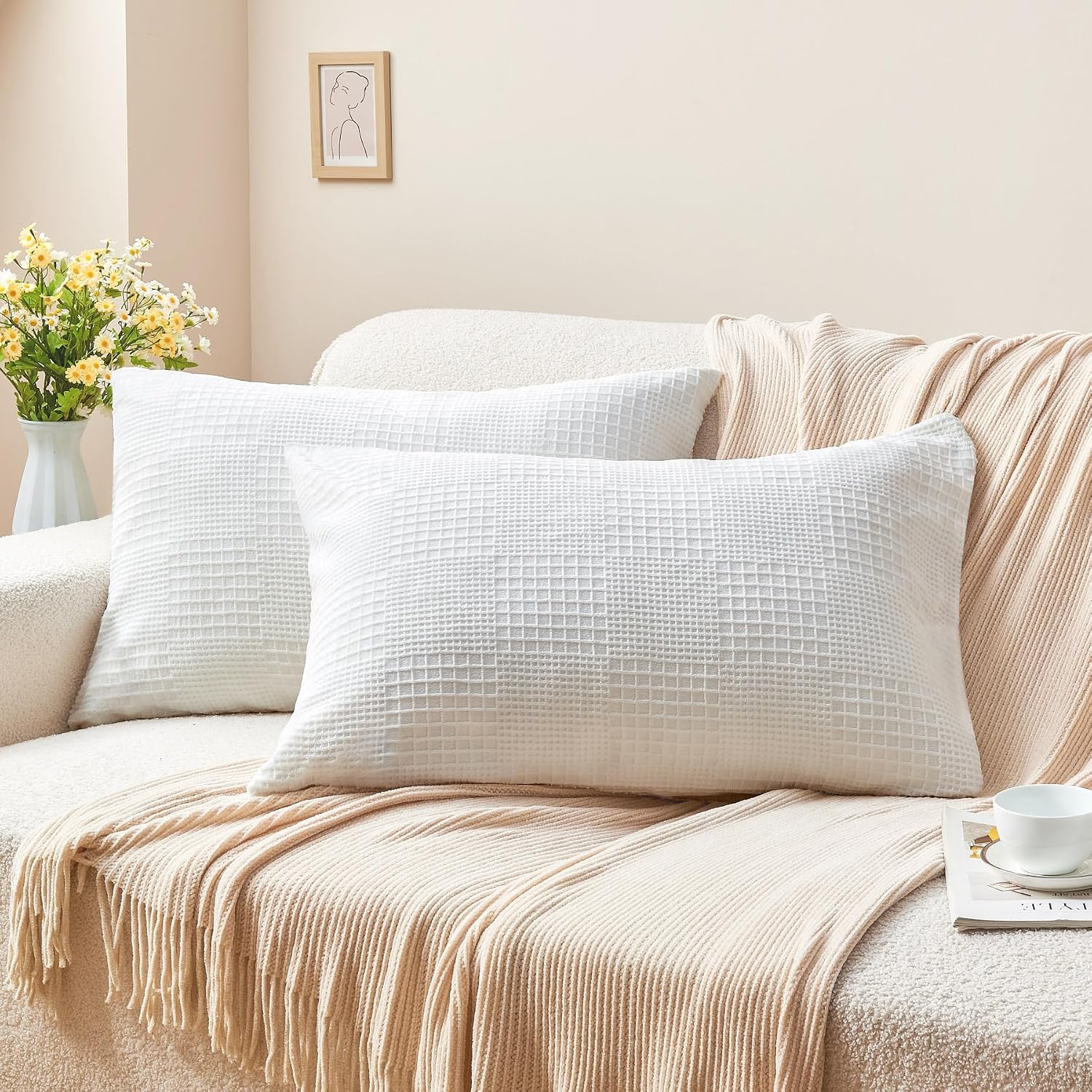 Bedelite Flannel King Size Pillow Cases Set of 2, Decorative Waffle Weave Fleece Pillowcasess with Zipper for Bedroom, Sofa, Luxury Cozy Pi…