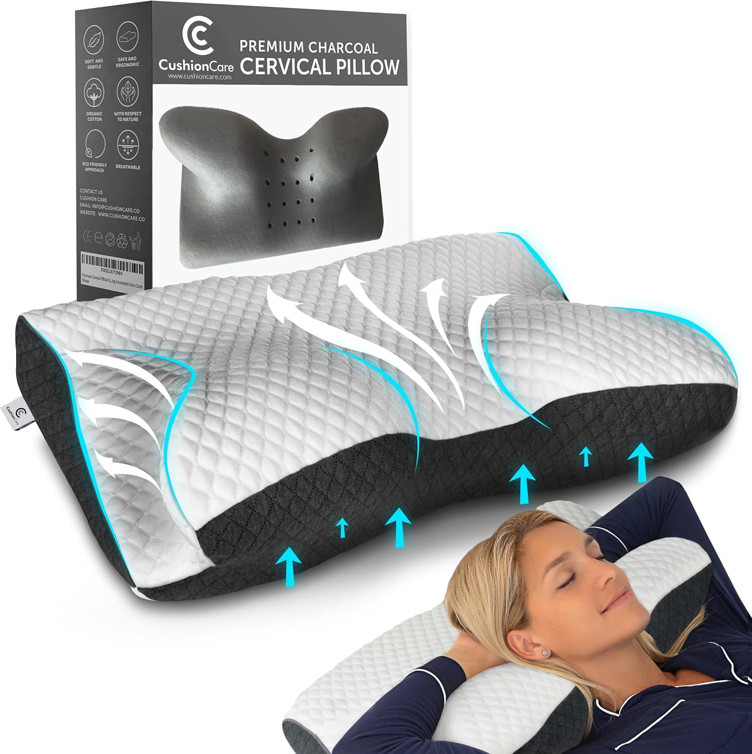 CushionCare Charcoal Pillow for Neck and Shoulder – Bamboo Charcoal Memory Foam Cervical Pillow with Orthopedic Contour Support & Ventilate…