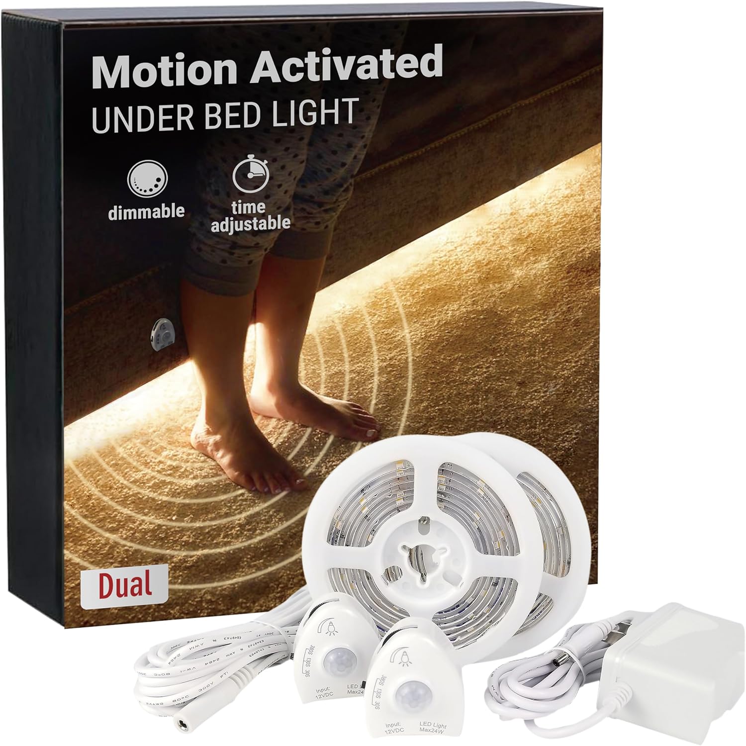 Under Bed Lights Motion Sensor, Motion Activated Bed Lighting,12V Power Adapter, Dimmable LED Strip Night Light for…