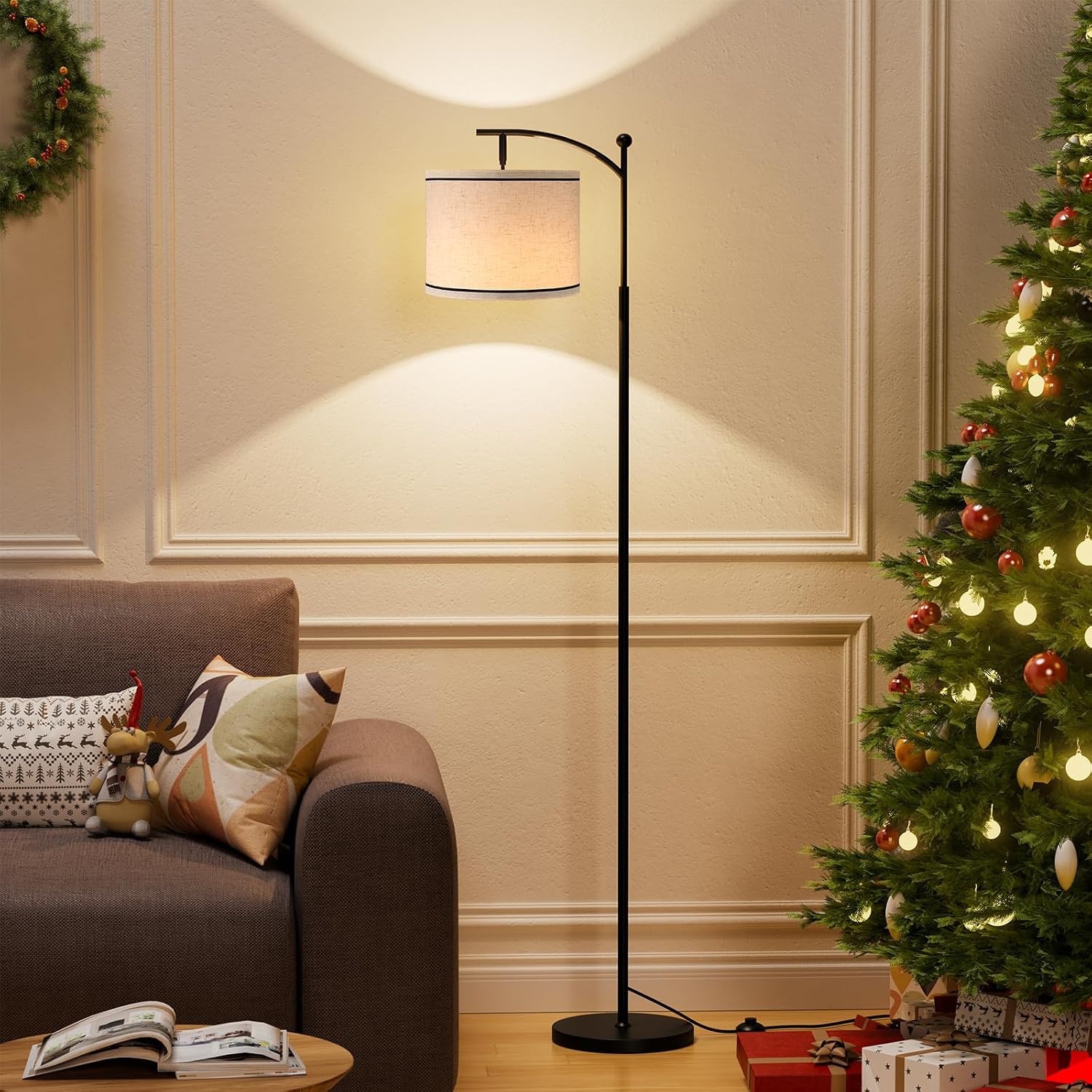 Ambimall 60" Floor Lamp for Living Room with 3 Color Temperatures, Beige Lampshade with Black Stripes, Tall Lamp for Bedroom Office, 9W…