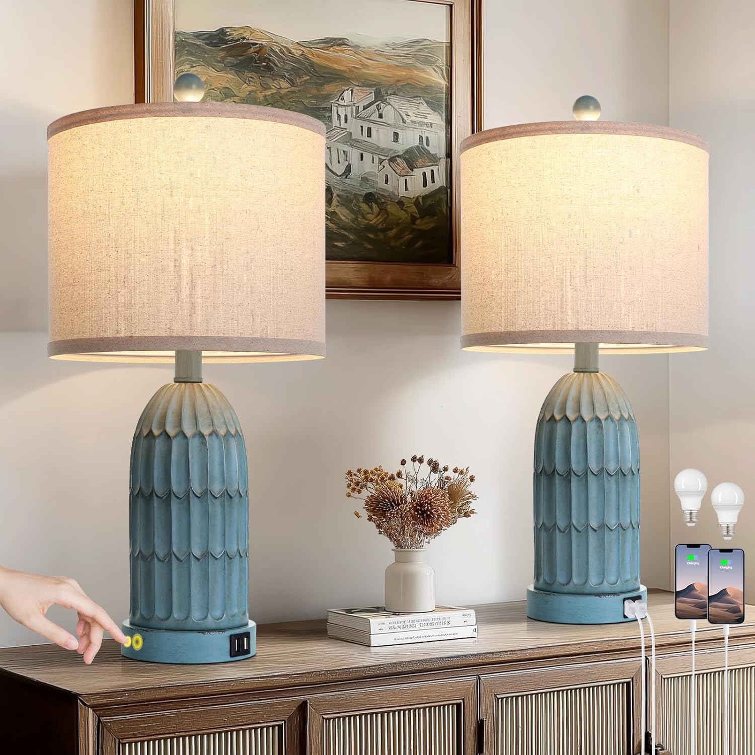 Cinkeda Coastal Table Bedside Lamps Set of 2, Farmhouse 3-Way Dimmable Touch Nightstand Lamp with 2 USB Charging Ports, Vintage Bedside…