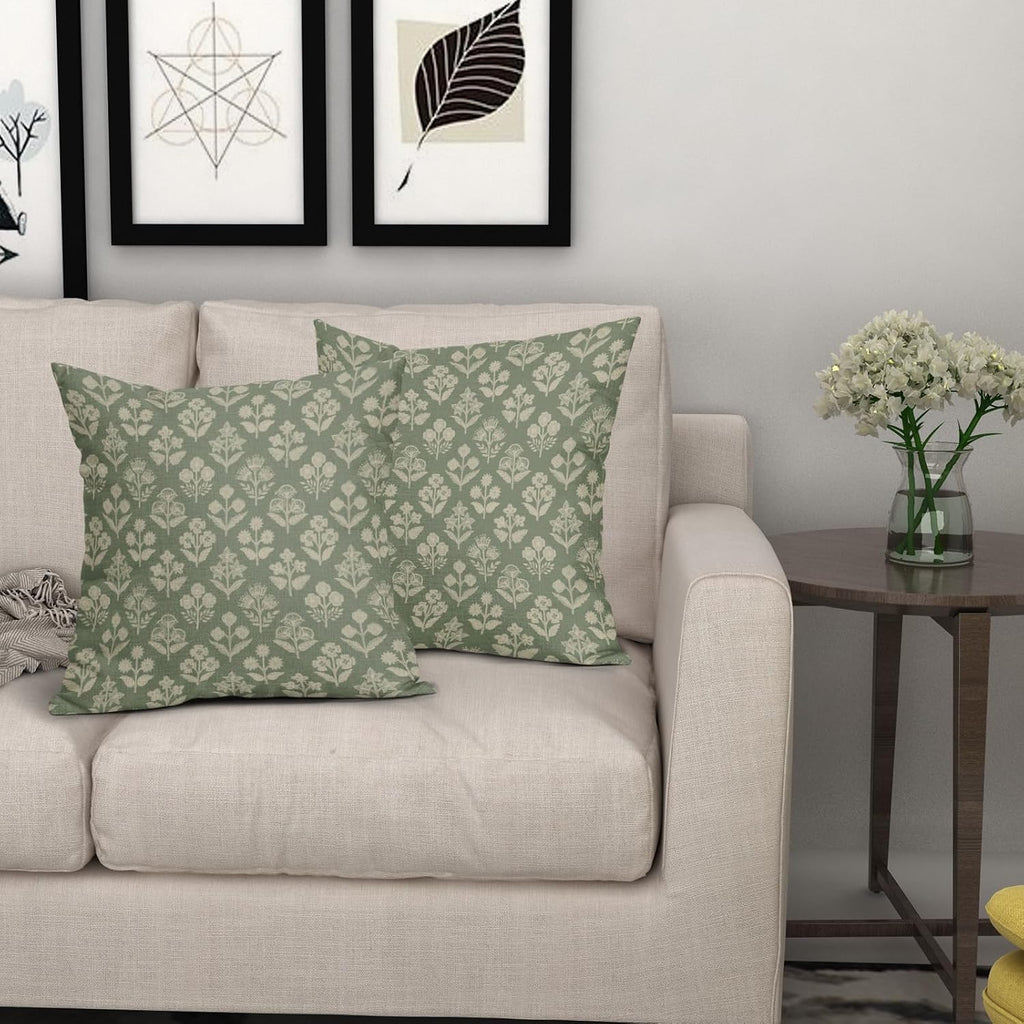 Sage Green Floral Pillow Covers 22x22 Inch Set of 2, Vintage Flower Block Print Pattern Decorative Throw Pillowcases Outdoor Farmhouse…