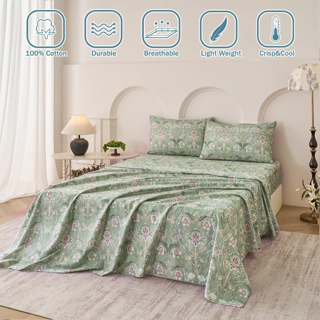 Softtouchsweetdreams Boho Sheets Silky Green Floral Bed Sheet Set Full Size 100% Cotton Satin Weave Botanical Leaf Printed Cooling Sheets S…