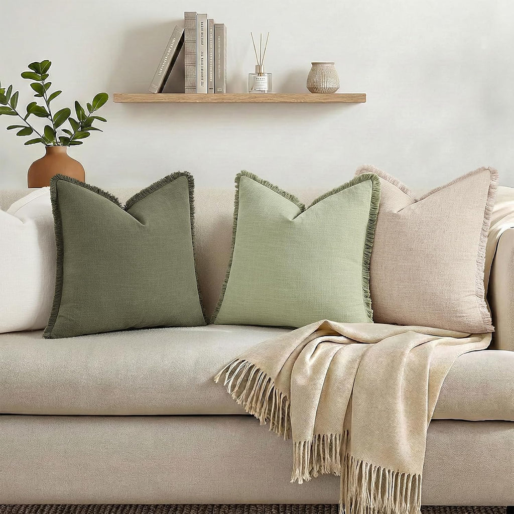 decorUhome Summer Decorative Neutral Linen Fringe Euro Sham Throw Pillow Covers Set of 2 Natural Beige Pillow Covers with Tassels Soft Farm…