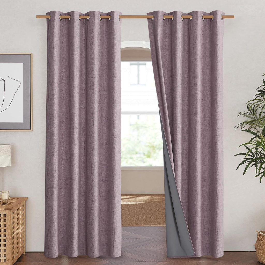NICETOWN Chaise Mauve Vintage Linen 100% Blackout Curtains for Living Room, Thermal Insulated Curtains 90" Long, Noise Reducing Window…