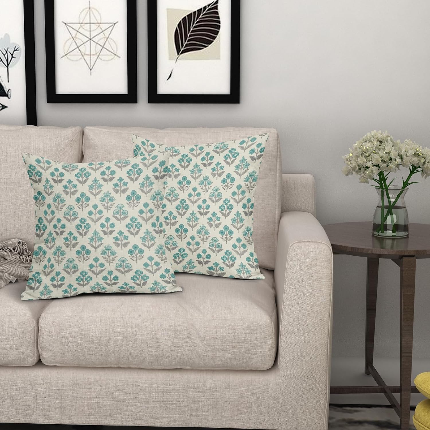 Teal Grey Gray Floral Block Print Pillow Covers 18x18 Inch Set of 2, Vintage Flower Pattern Decorative Throw Pillowcases Outdoor…