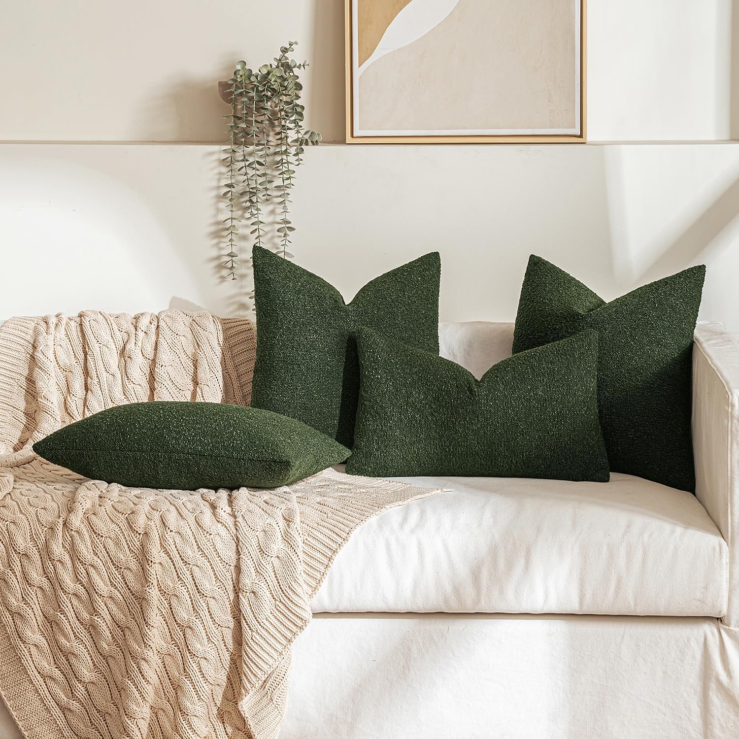 Miulee 24x24 Inch Decorative Euro Sham Pillow Covers for Bed Set of 2 Textured Boucle Neutral Throw Pillow Covers Dark Green Accent Solid P…
