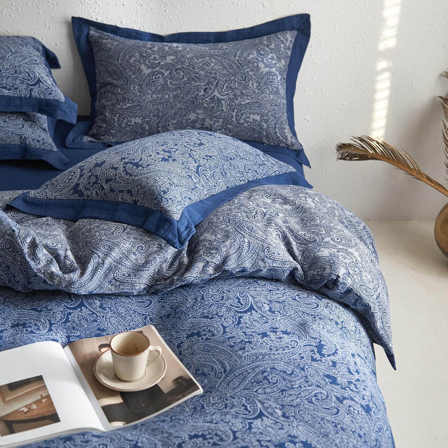 mixinni Muslin Cotton Vintage Navy Blue Paisley Floral Duvet Cover Queen Size 3pcs Yarn Dyed Burgundy Jacquard Weave Bedding Comforter Cove…