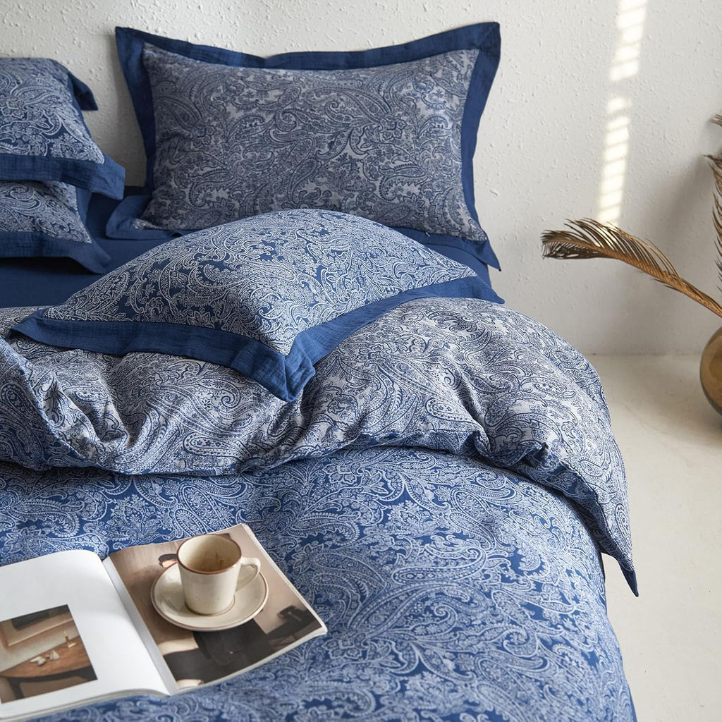 mixinni Muslin Cotton Vintage White Paisley Floral Duvet Cover King Size 3pcs Yarn Dyed Navy Blue Jacquard Weave Bedding Comforter Cover So…