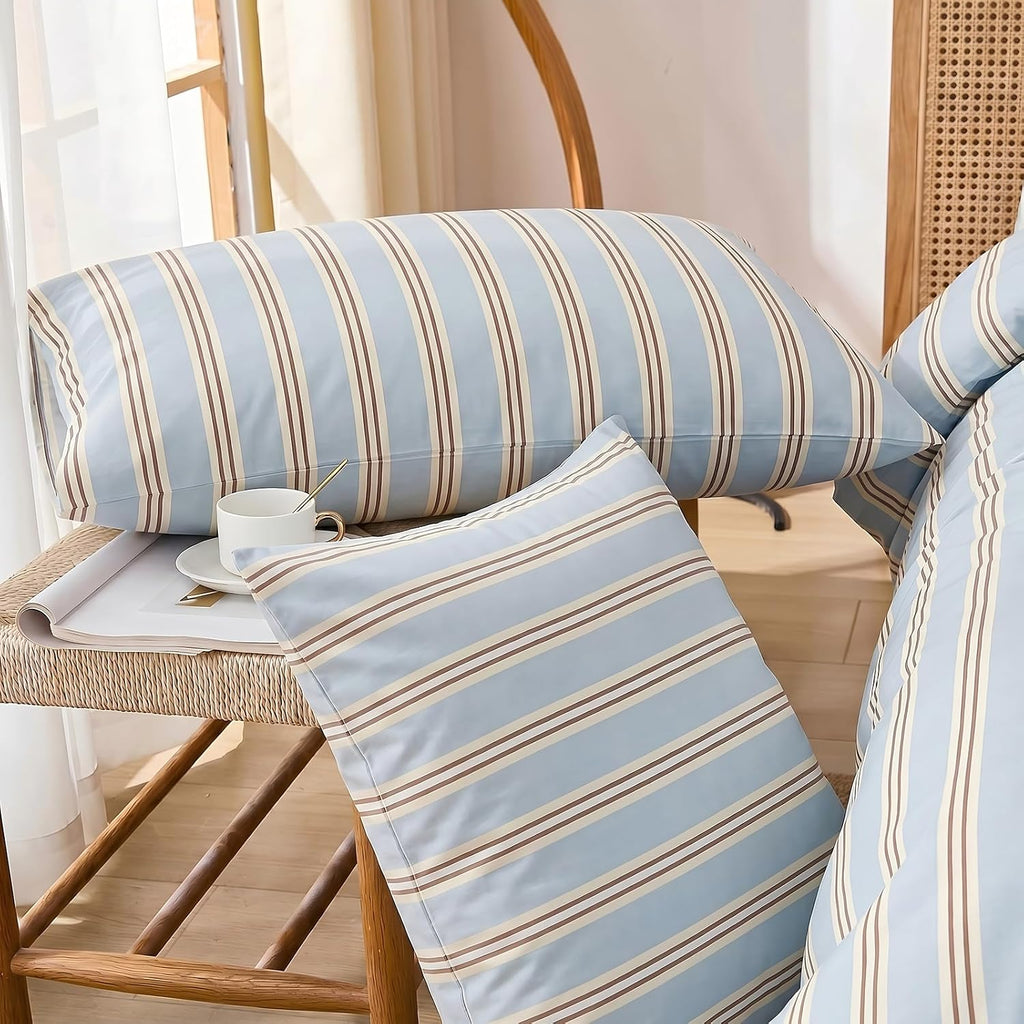 Merryword Queen Size Pillowcases, 100% Cotton Pillow Cases, Light Blue Striped Pillowcases, Soft Breathable Ribbon Stripe Pillow Covers, Se…