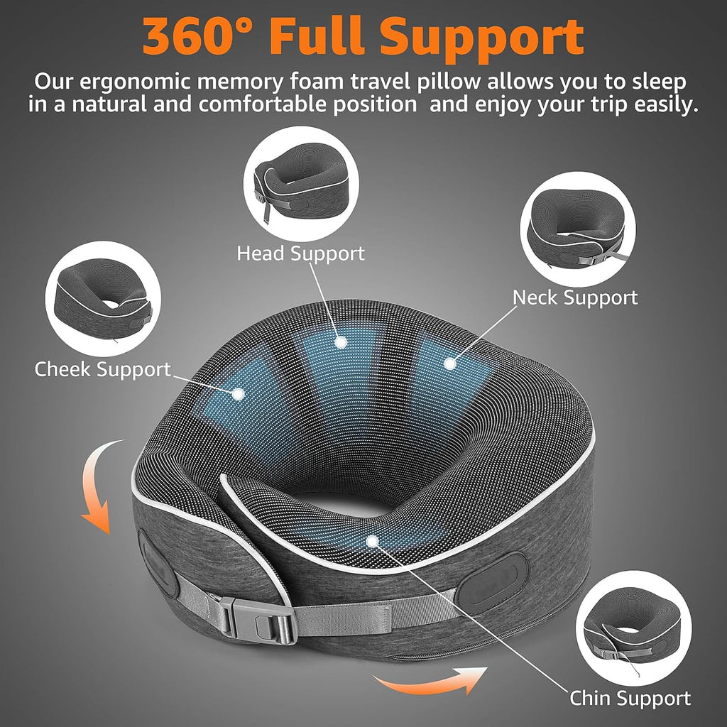 Travel Pillows for Airplanes Ergonomic Memory Foam Neck Pillow for Travel - 360° Head & Neck Support for Sleeping on Flights, Cars…